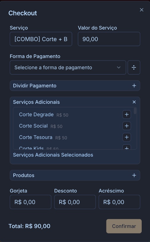 Tela de checkout com serviço, forma de pagamento, serviços adicionais, produtos, gorjeta e desconto