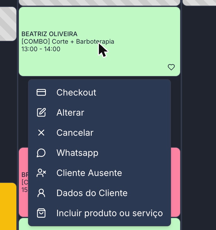 Menu de ações de um atendimento: checkout, alterar, cancelar, WhatsApp, cliente ausente