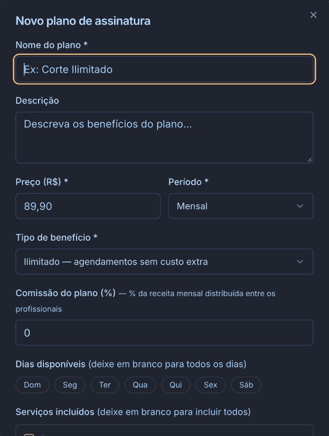 Formulário de novo plano de assinatura