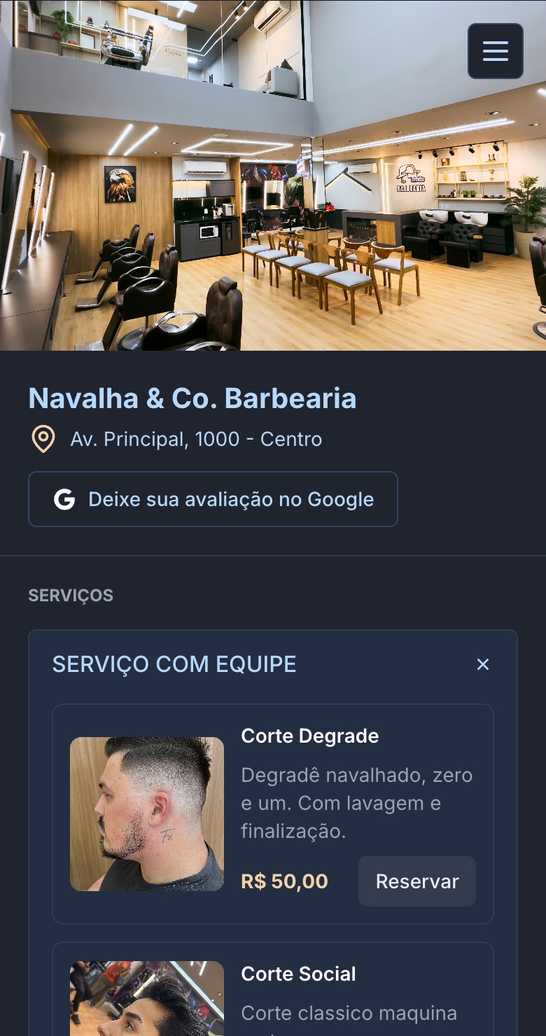 Página pública da barbearia com serviços e preços